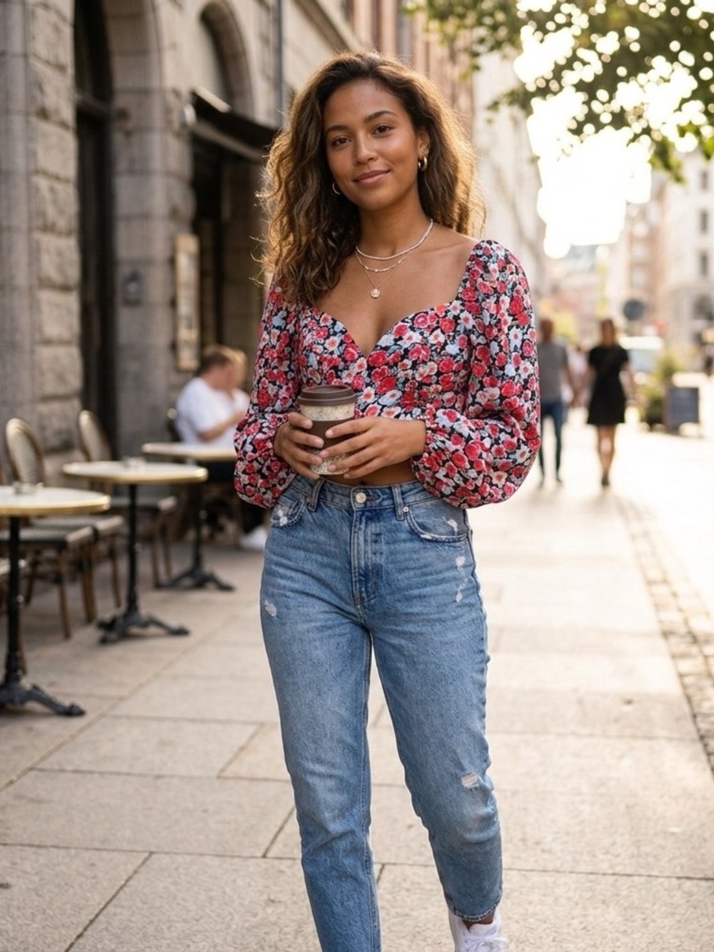 Floral Puff-Sleeve Crop Top in Black with Coral & White Flowers